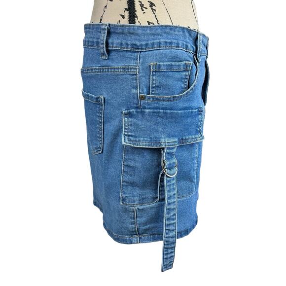 Telepatia Denim Skirt Women Size 16 Light Blue Wash Utilitarian Pockets Y2K Mini - Picture 3 of 10